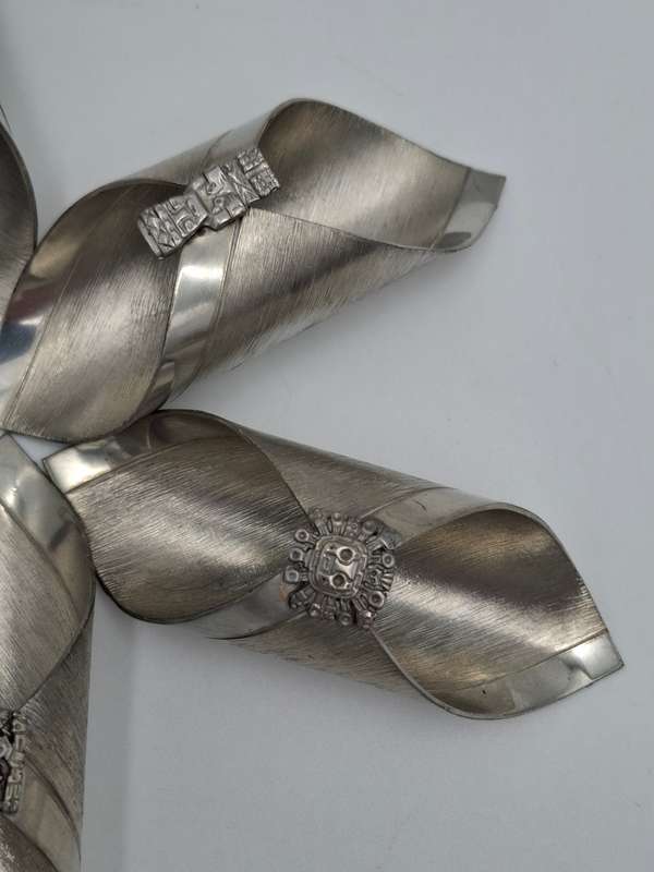 6x Vintage Serviette Rings - Bolivia Pewter - Aztec Themed Folded Design