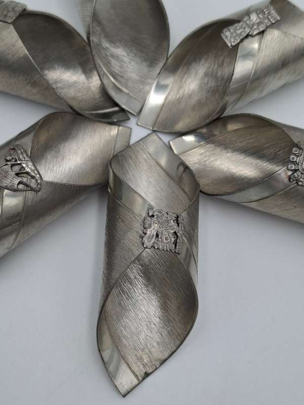 6x Vintage Serviette Rings - Bolivia Pewter - Aztec Themed Folded Design