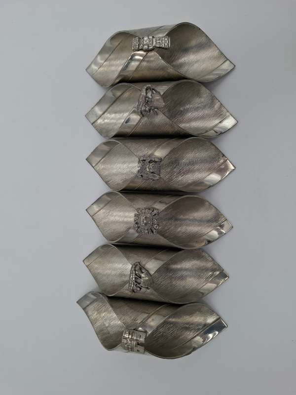 6x Vintage Serviette Rings - Bolivia Pewter - Aztec Themed Folded Design