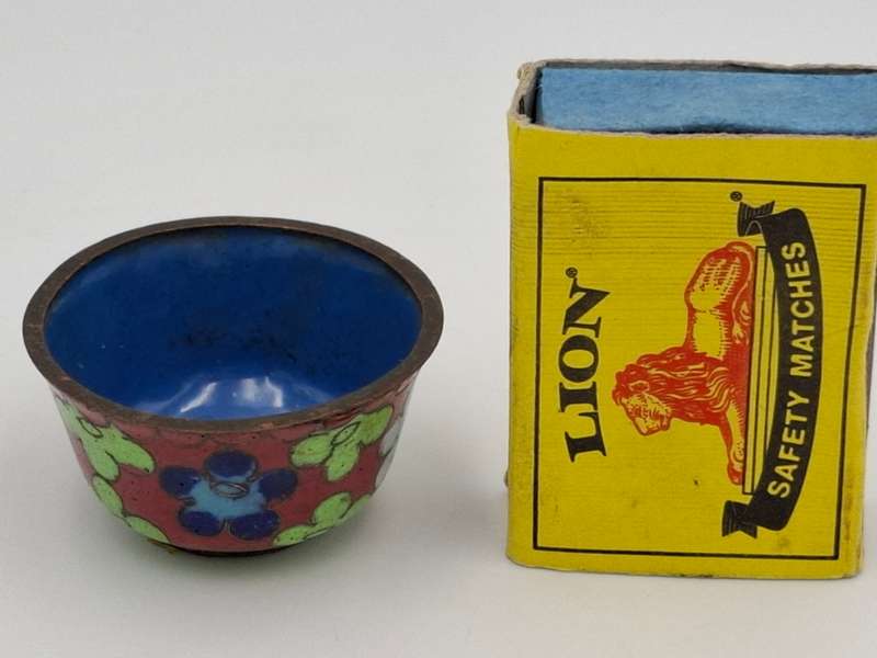 Vintage Cloisonné Miniature Salt Bowl with Orange & Green Flowers