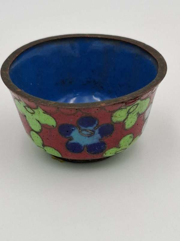 Vintage Cloisonné Miniature Salt Bowl with Orange & Green Flowers