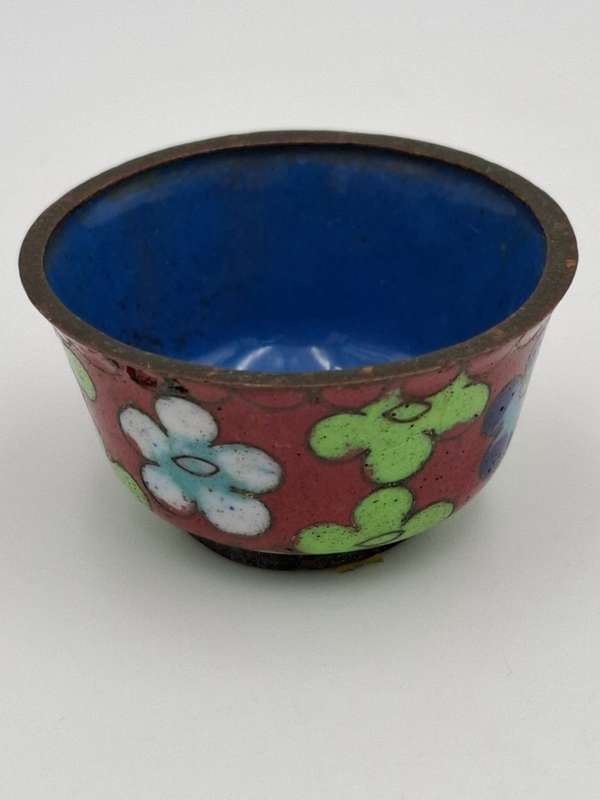 Vintage Cloisonné Miniature Salt Bowl with Orange & Green Flowers
