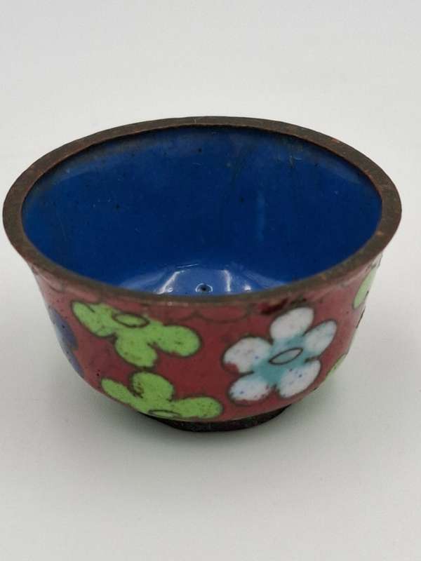 Vintage Cloisonné Miniature Salt Bowl with Orange & Green Flowers
