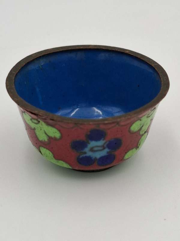 Vintage Cloisonné Miniature Salt Bowl with Orange & Green Flowers
