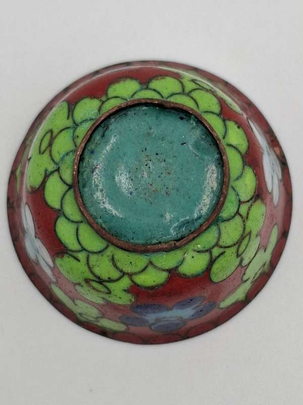 Vintage Cloisonné Miniature Salt Bowl with Orange & Green Flowers