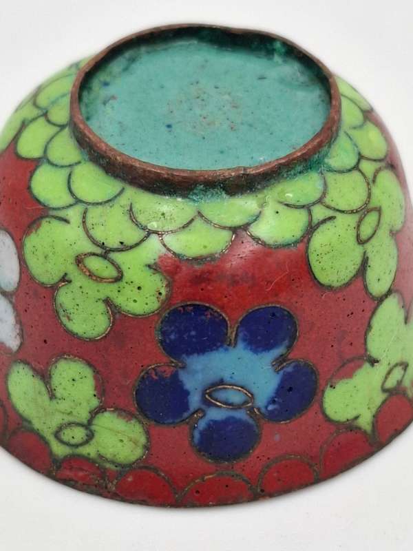 Vintage Cloisonné Miniature Salt Bowl with Orange & Green Flowers