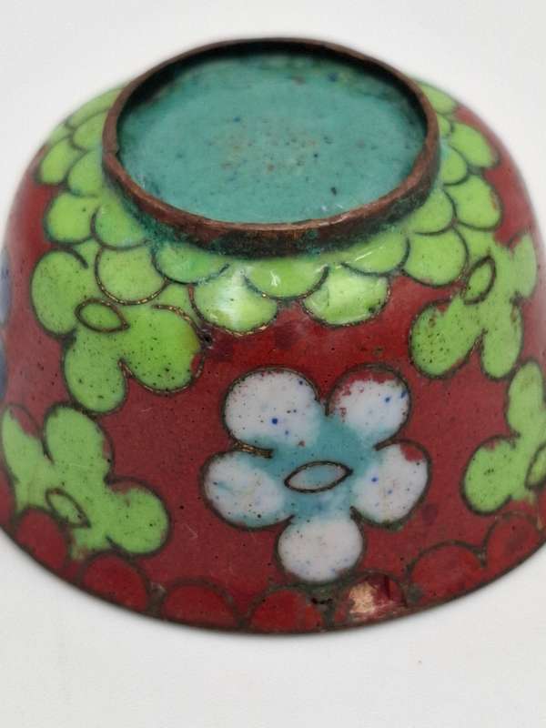 Vintage Cloisonné Miniature Salt Bowl with Orange & Green Flowers