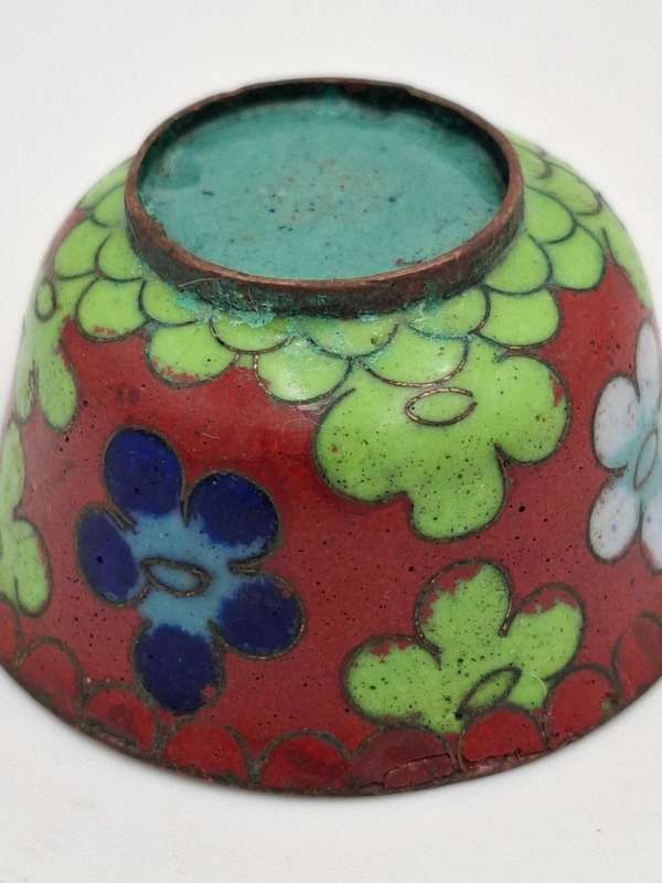 Vintage Cloisonné Miniature Salt Bowl with Orange & Green Flowers
