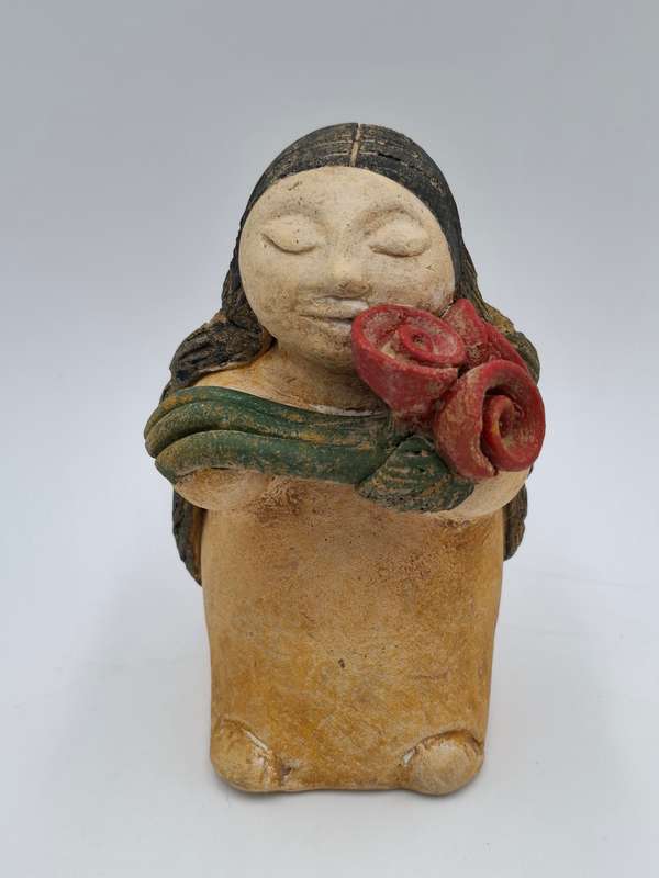 Vintage Pottery Sculpture - Voluptuous Woman & Red Flowers - Mexican Folk Art Fernando Botero Style