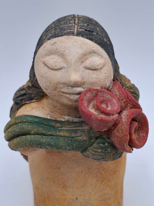 Vintage Pottery Sculpture - Voluptuous Woman & Red Flowers - Mexican Folk Art Fernando Botero Style