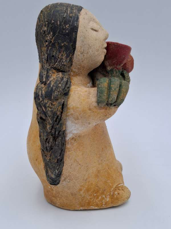 Vintage Pottery Sculpture - Voluptuous Woman & Red Flowers - Mexican Folk Art Fernando Botero Style