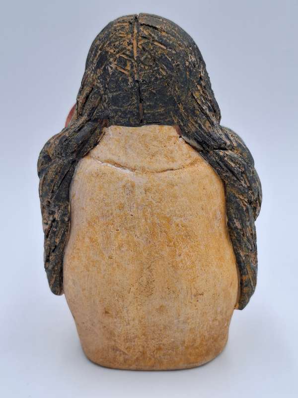 Vintage Pottery Sculpture - Voluptuous Woman & Red Flowers - Mexican Folk Art Fernando Botero Style