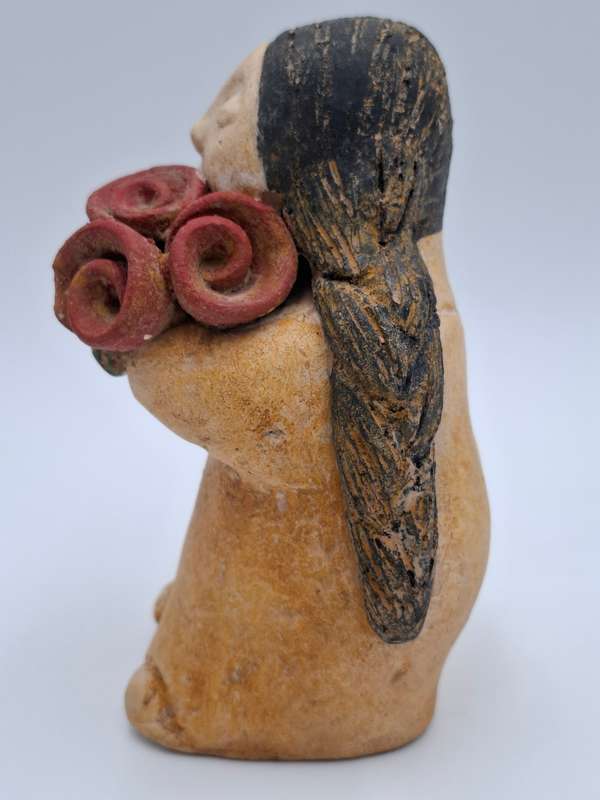 Vintage Pottery Sculpture - Voluptuous Woman & Red Flowers - Mexican Folk Art Fernando Botero Style
