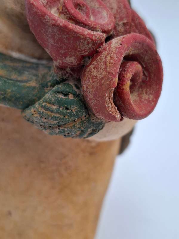 Vintage Pottery Sculpture - Voluptuous Woman & Red Flowers - Mexican Folk Art Fernando Botero Style