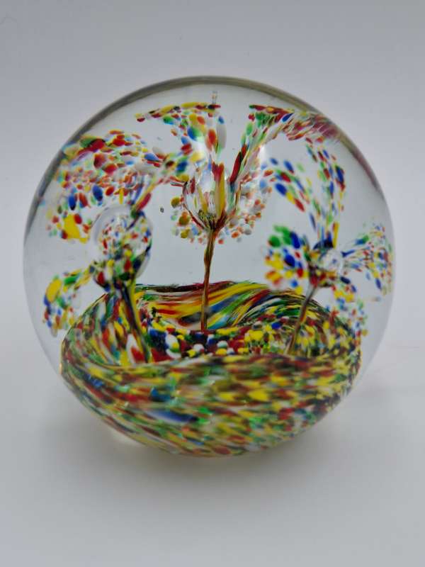 Glass Art Paperweight with Floating Multicolor Flower Design