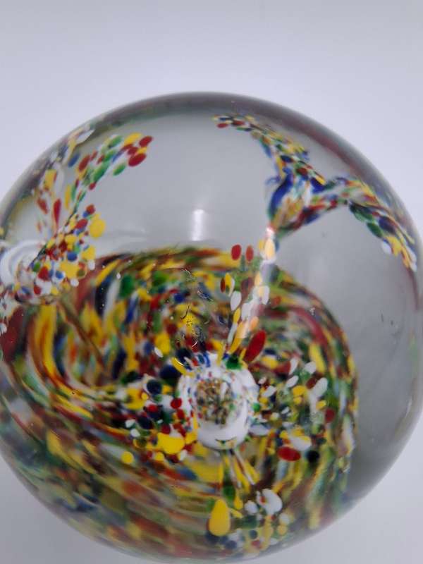 Glass Art Paperweight with Floating Multicolor Flower Design