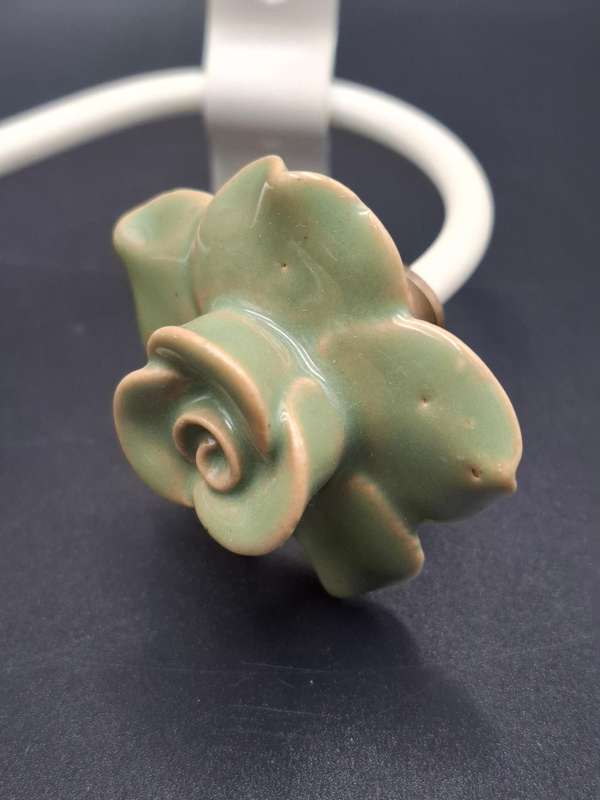 Vintage Ceramic Rose Avocado Colour Coat/Hat Hook with White Metal - Shabby Chic Style