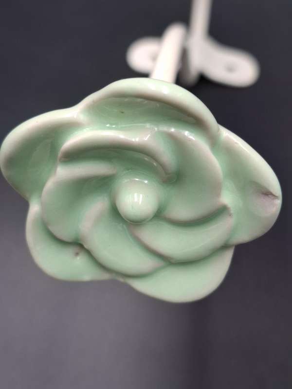 Vintage Ceramic Rose Avocado Colour Coat/Hat Hook with White Metal - Shabby Chic Style