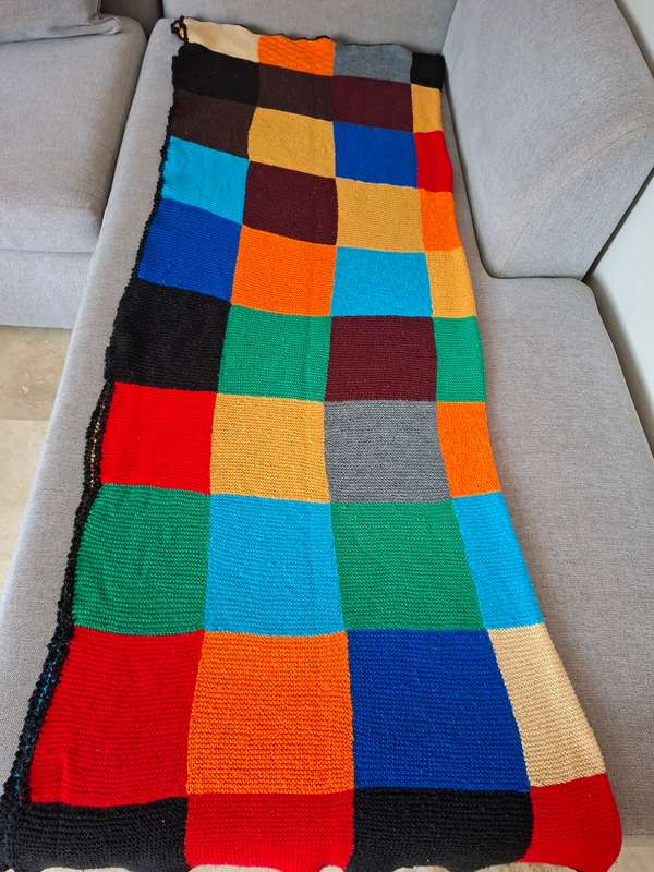 Vintage Wool Knitted Blanket with Block Pattern in tight knit with Vibrant Colours - 175 x 140
