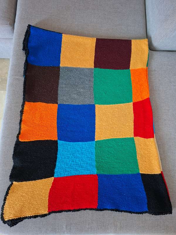 Vintage Wool Knitted Blanket with Block Pattern in tight knit with Vibrant Colours - 175 x 140