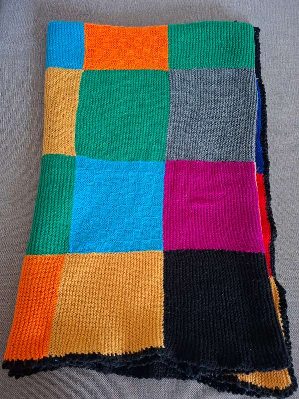 Vintage Wool Knitted Blanket with Block Pattern in tight knit with Vibrant Colours - 175 x 140