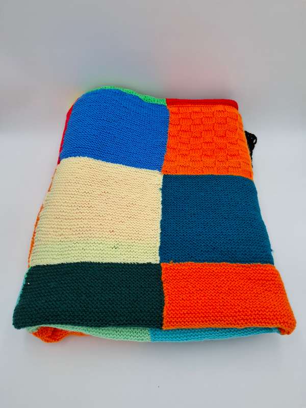 Vintage Wool Knitted Blanket with Block Pattern in tight knit with Vibrant Colours - 175 x 140