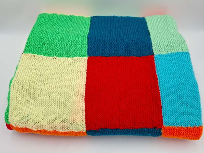 Vintage Wool Knitted Blanket with Block Pattern in tight knit with Vibrant Colours - 175 x 140