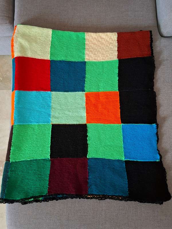 Vintage Wool Knitted Blanket with Block Pattern in tight knit with Vibrant Colours - 175 x 140