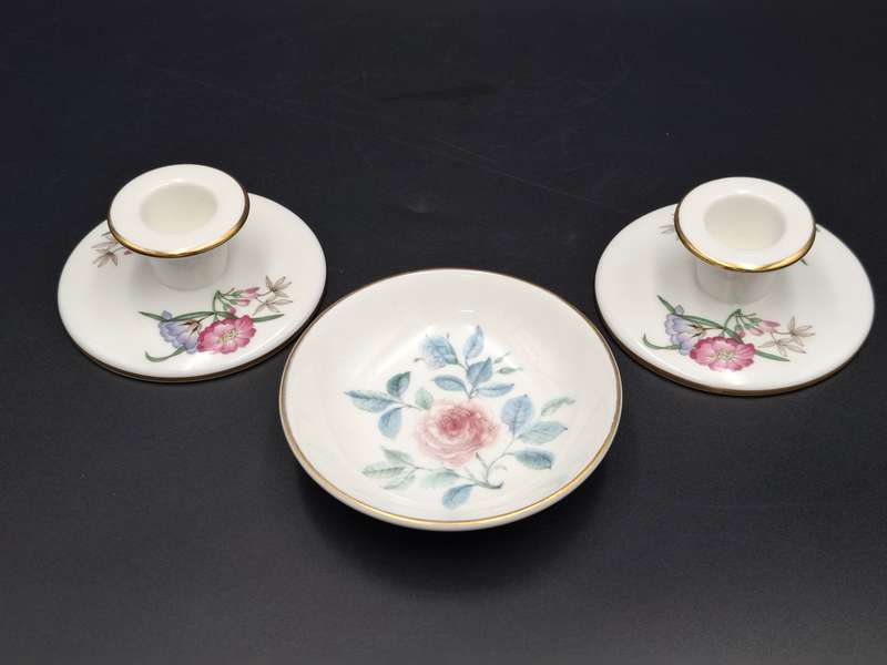 Vintage Wedgwood Bone China - Pair of Candle Sticks & a Pin Dish - Great Condition