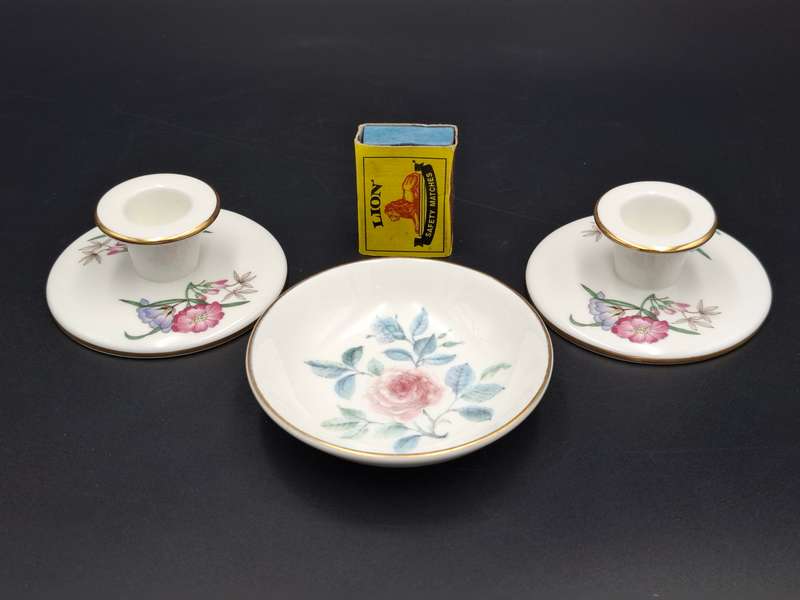 Vintage Wedgwood Bone China - Pair of Candle Sticks & a Pin Dish - Great Condition