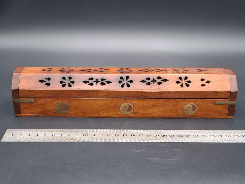 Wood with Brass Inserts -  Incense Holder with Cone Burner Coffin Box - Handmade Pattern