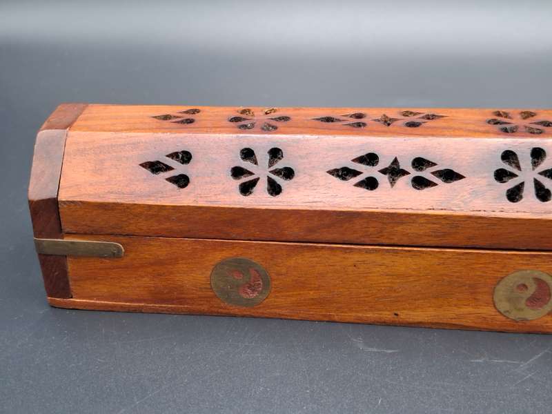 Wood with Brass Inserts -  Incense Holder with Cone Burner Coffin Box - Handmade Pattern