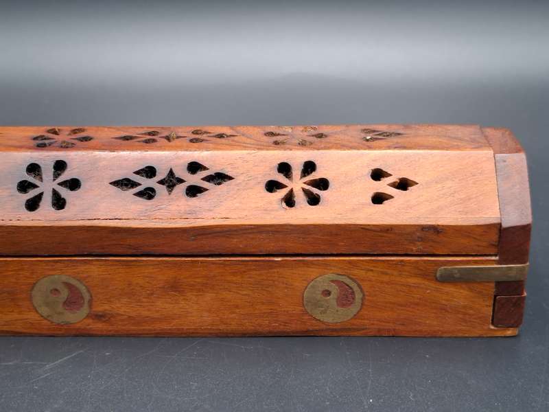 Wood with Brass Inserts -  Incense Holder with Cone Burner Coffin Box - Handmade Pattern