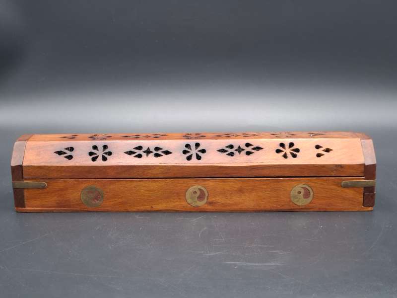 Wood with Brass Inserts -  Incense Holder with Cone Burner Coffin Box - Handmade Pattern