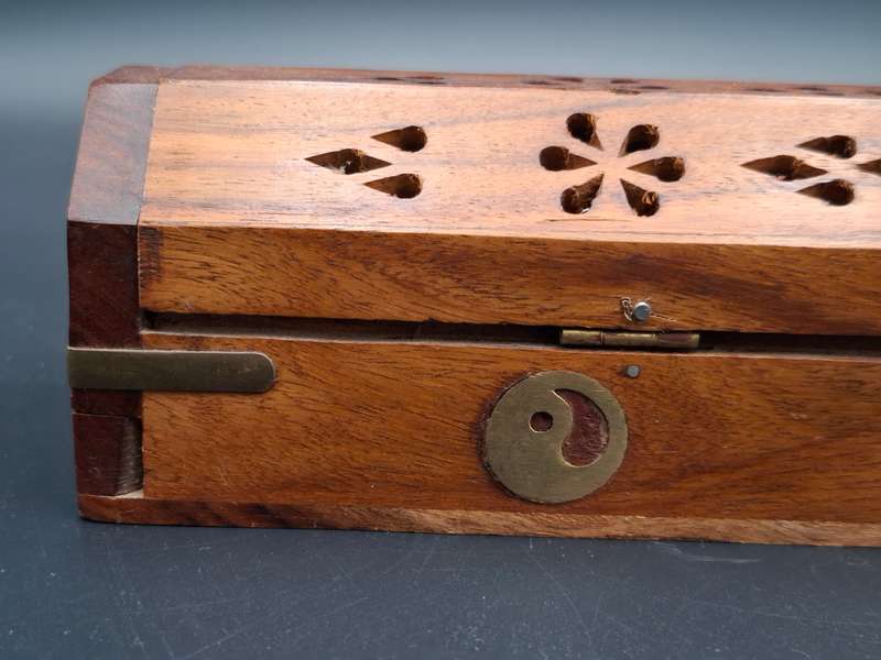 Wood with Brass Inserts -  Incense Holder with Cone Burner Coffin Box - Handmade Pattern