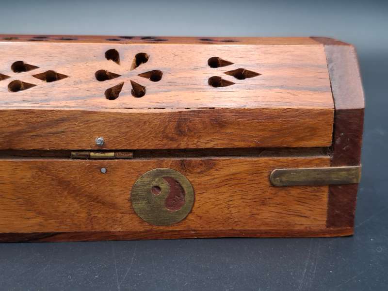 Wood with Brass Inserts -  Incense Holder with Cone Burner Coffin Box - Handmade Pattern
