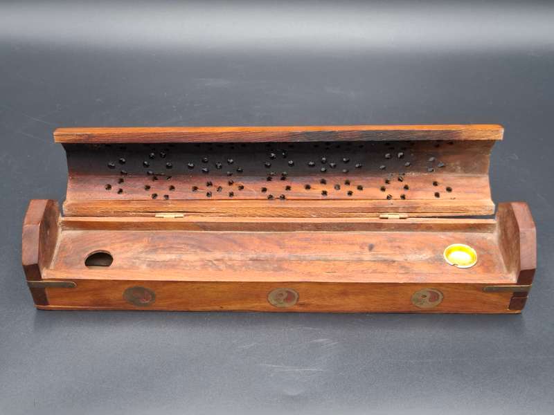 Wood with Brass Inserts -  Incense Holder with Cone Burner Coffin Box - Handmade Pattern