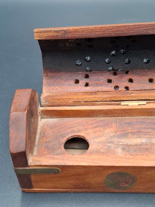 Wood with Brass Inserts -  Incense Holder with Cone Burner Coffin Box - Handmade Pattern