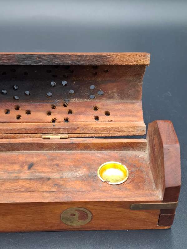 Wood with Brass Inserts -  Incense Holder with Cone Burner Coffin Box - Handmade Pattern