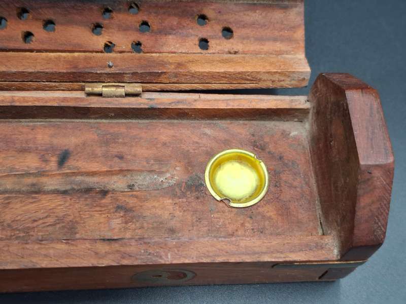 Wood with Brass Inserts -  Incense Holder with Cone Burner Coffin Box - Handmade Pattern