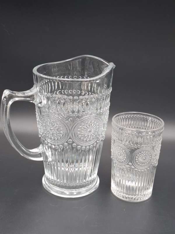 Vintage Mazeology Style Glass Pitcher & Single Glass - Embossed Sunflower Design Pressed Clear Glass