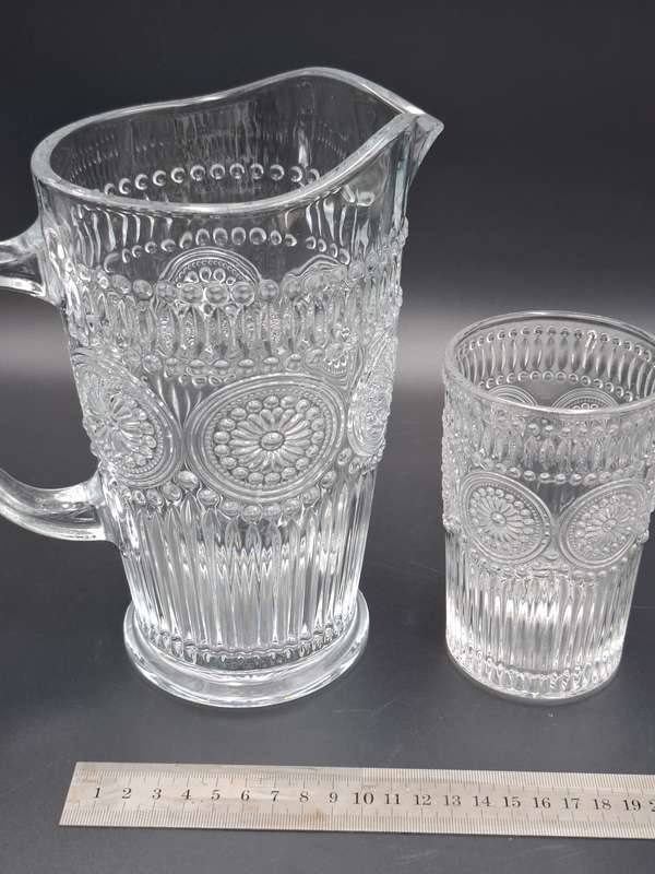 Vintage Mazeology Style Glass Pitcher & Single Glass - Embossed Sunflower Design Pressed Clear Glass