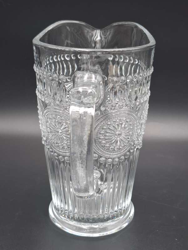 Vintage Mazeology Style Glass Pitcher & Single Glass - Embossed Sunflower Design Pressed Clear Glass
