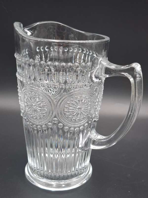 Vintage Mazeology Style Glass Pitcher & Single Glass - Embossed Sunflower Design Pressed Clear Glass
