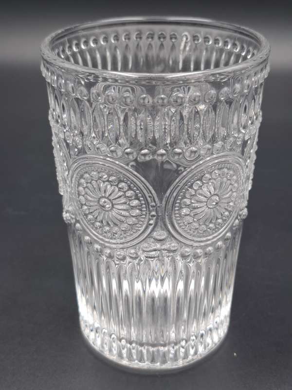Vintage Mazeology Style Glass Pitcher & Single Glass - Embossed Sunflower Design Pressed Clear Glass