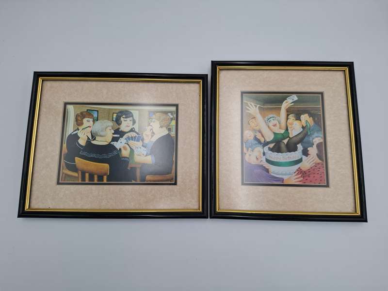 Pair Framed Beryl Cook Art Prints - depicting "Ladies playing Cards" & "Happy Birthday"