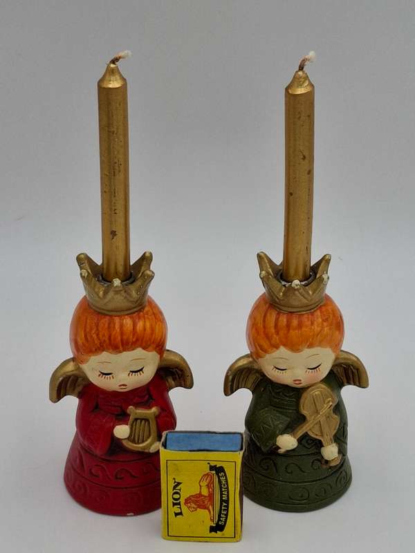 Pair of Vintage Christmas Angels Candle Holders - Made in Japan