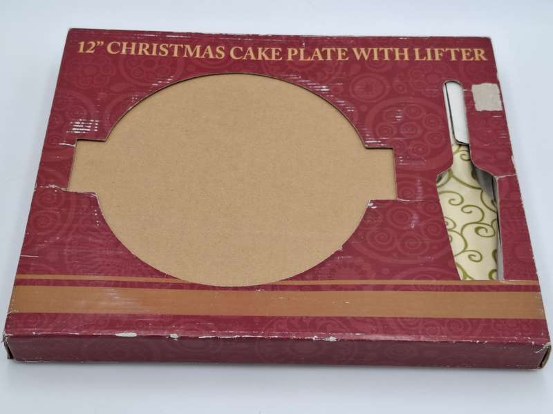 Porcelain Cake Platter and Lifter in Olive Green Scrolls with Cream base - in original packaging