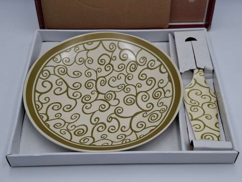 Porcelain Cake Platter and Lifter in Olive Green Scrolls with Cream base - in original packaging