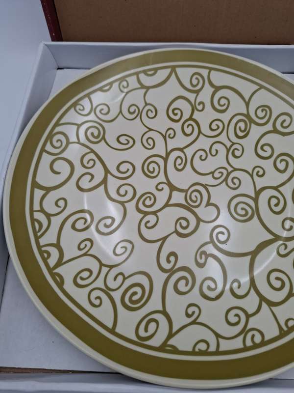 Porcelain Cake Platter and Lifter in Olive Green Scrolls with Cream base - in original packaging